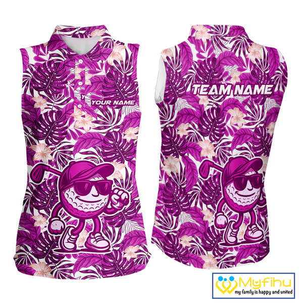 Pink tropical flower leaf pattern funny Sleeveless Golf polo shirts Custom ladies golf outfits NQS10120
