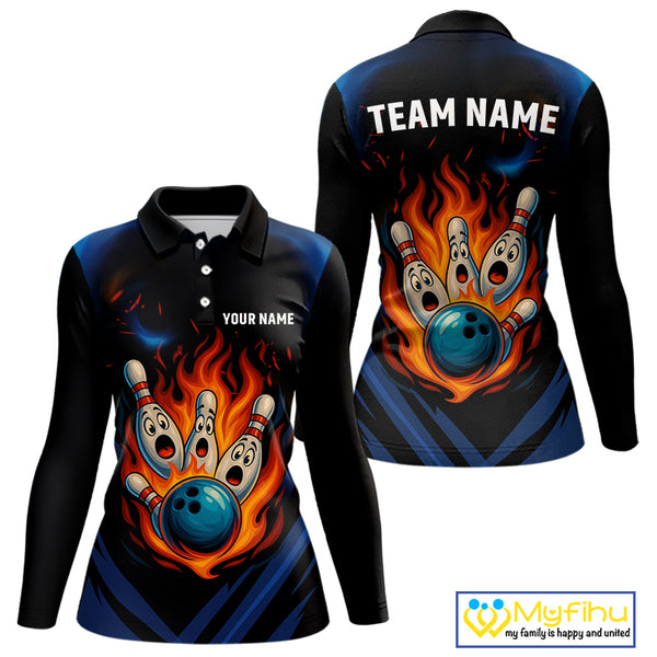 Blue and Black Flame Bowling shirts for Women custom funny bowling ball and pins team bowler jerseys NQS10260