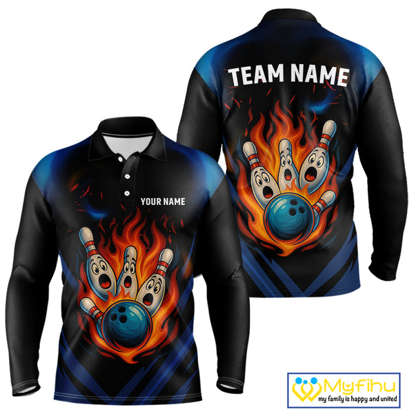 Blue and Black Flame Bowling shirts for Men custom funny bowling ball and pins team bowler jerseys NQS10260