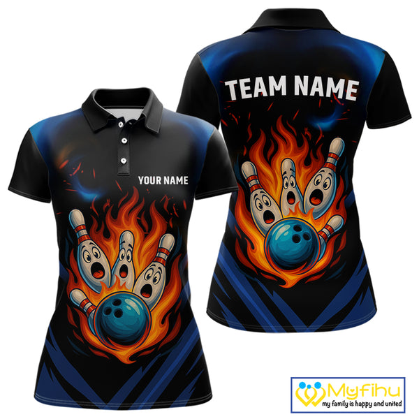 Blue and Black Flame Bowling shirts for Women custom funny bowling ball and pins team bowler jerseys NQS10260