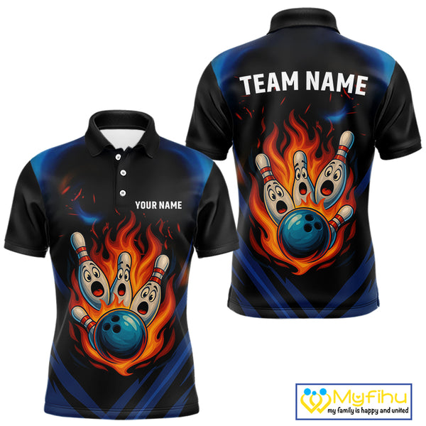 Blue and Black Flame Bowling shirts for Men custom funny bowling ball and pins team bowler jerseys NQS10260