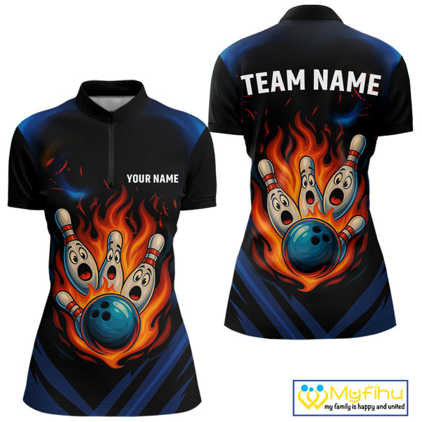 Blue and Black Flame Bowling shirts for Women custom funny bowling ball and pins team bowler jerseys NQS10260