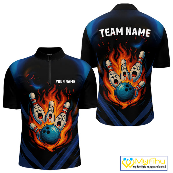Blue and Black Flame Bowling shirts for Men custom funny bowling ball and pins team bowler jerseys NQS10260