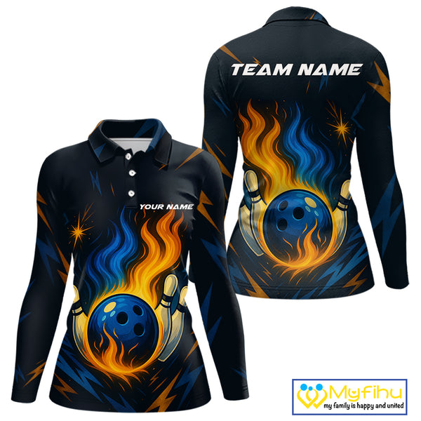 Blue and Yellow Flame Bowling shirts for Women custom bowling team jerseys for ladies bowler NQS10262