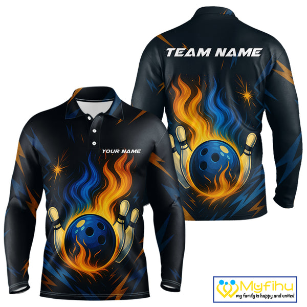 Blue and Yellow Flame Bowling shirts for Men custom bowling team jerseys for mens bowler NQS10262