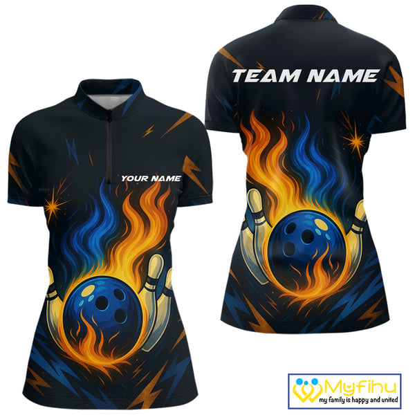 Blue and Yellow Flame Bowling shirts for Women custom bowling team jerseys for ladies bowler NQS10262