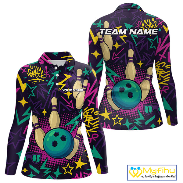 Custom purple graffiti pattern funny Bowling shirts for Women, bowling team league jerseys with Name NQS10270