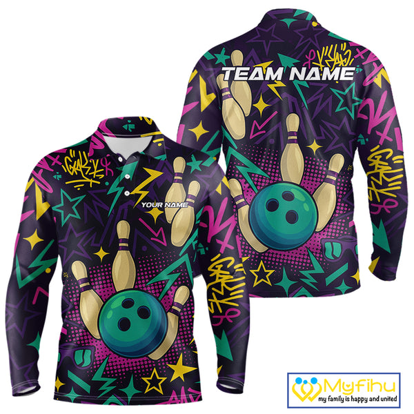 Custom purple graffiti pattern funny Bowling shirts for Men, bowling team league jerseys with Name NQS10270