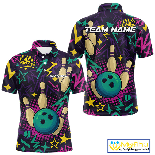 Custom purple graffiti pattern funny Bowling shirts for Men, bowling team league jerseys with Name NQS10270