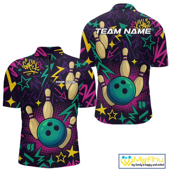 Custom purple graffiti pattern funny Bowling shirts for Men, bowling team league jerseys with Name NQS10270