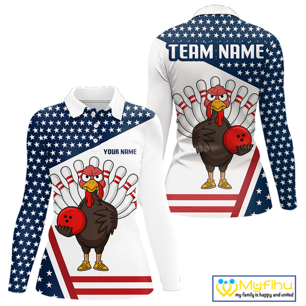 American Flag Funny Turkey Bowling Polo, 1/4 Zip shirt for Women custom patriotic bowling team jersey NQS10272