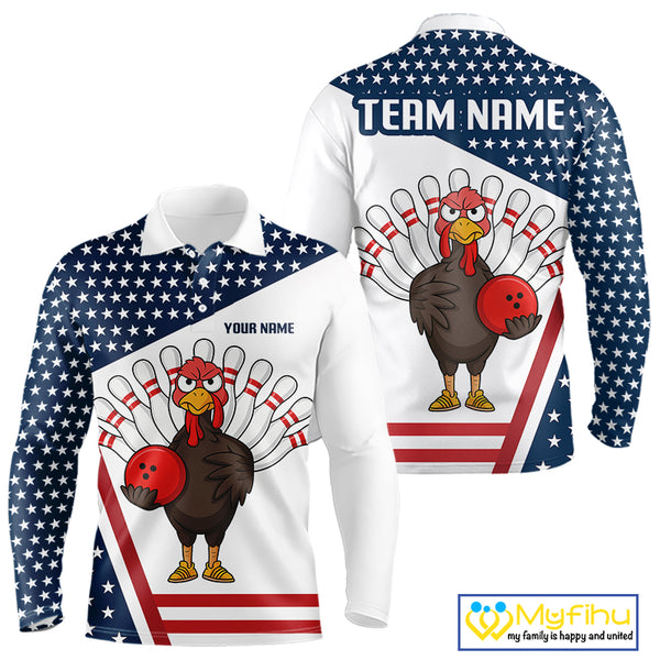 American Flag Funny Turkey Bowling Polo, 1/4 Zip shirts for Men custom patriotic bowling team jersey NQS10272