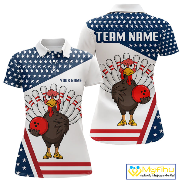 American Flag Funny Turkey Bowling Polo, 1/4 Zip shirt for Women custom patriotic bowling team jersey NQS10272