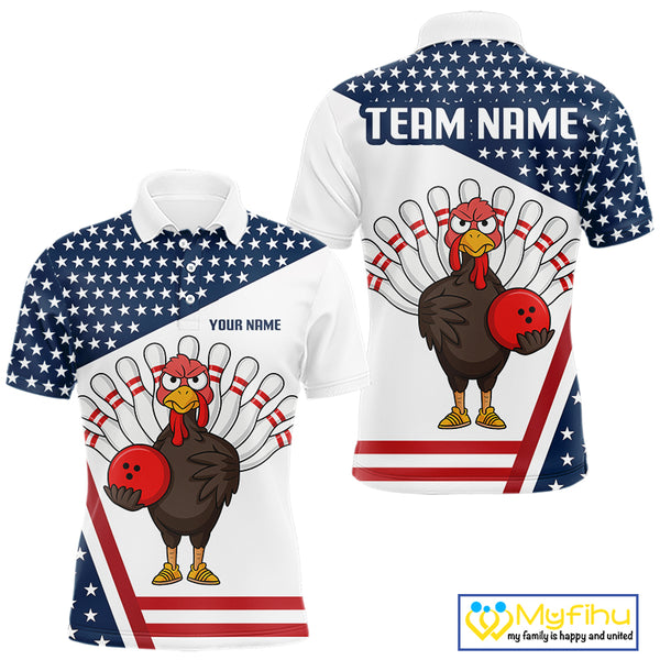 American Flag Funny Turkey Bowling Polo, 1/4 Zip shirts for Men custom patriotic bowling team jersey NQS10272