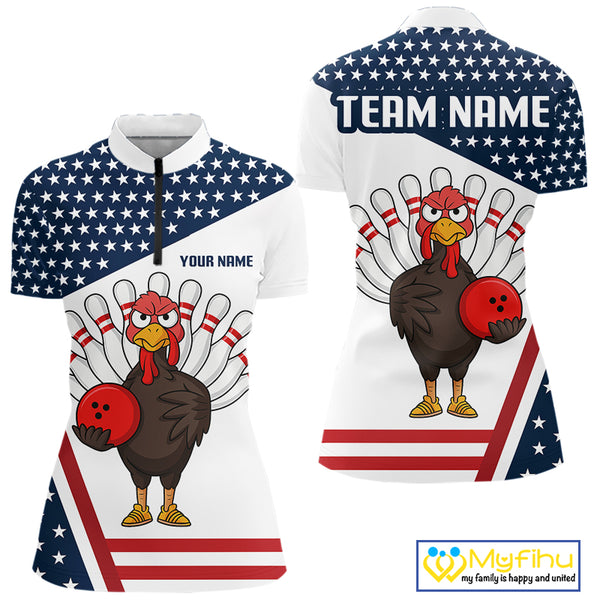 American Flag Funny Turkey Bowling Polo, 1/4 Zip shirt for Women custom patriotic bowling team jersey NQS10272