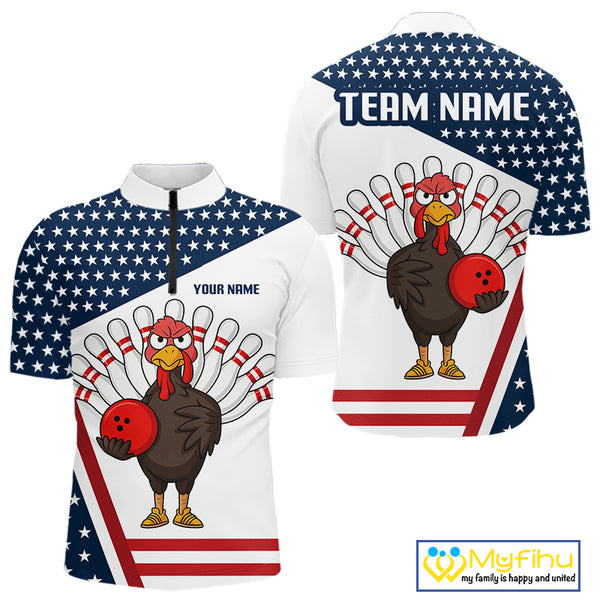 American Flag Funny Turkey Bowling Polo, 1/4 Zip shirts for Men custom patriotic bowling team jersey NQS10272