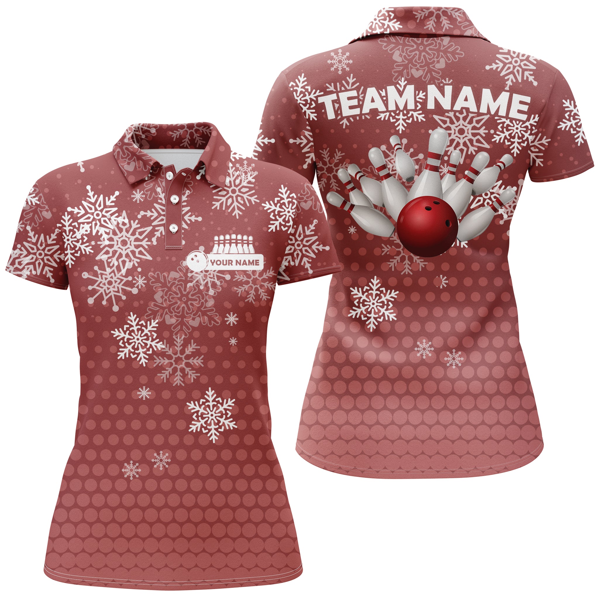 Womens Bowling Polo Shirts Custom Christmas snowflake Bowling ball pins team Ladies Jersey | Red NQS6616