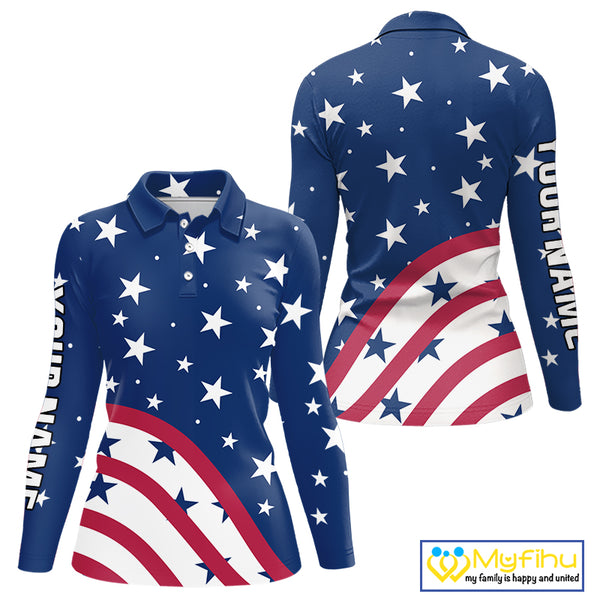 Red, White & Blue stars pattern Women golf polo shirts Custom American Flag patriotic ladies golf top NQS10138