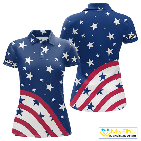 Red, White & Blue stars pattern Women golf polo shirts Custom American Flag patriotic ladies golf top NQS10138