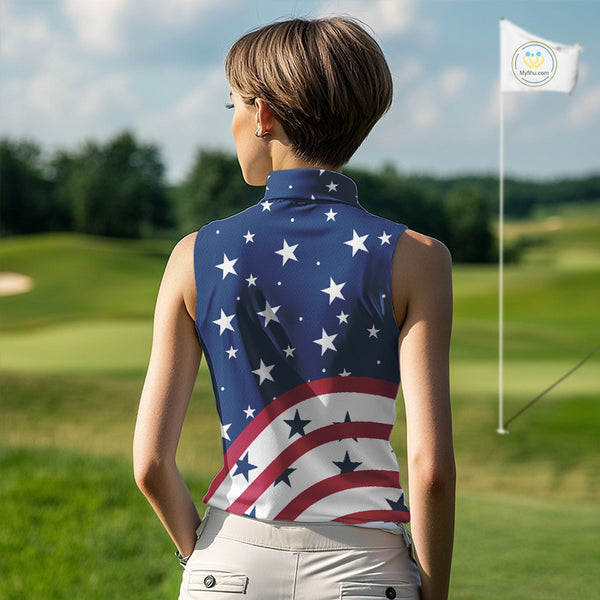 Red, White & Blue stars pattern Women sleeveless polos Custom American Flag patriotic ladies golf top NQS10138
