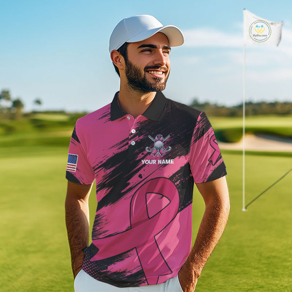 Black and Pink ribbon Men golf polo shirts Custom breast cancer American flag golf top for men NQS10140