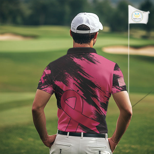 Black and Pink ribbon Men golf polo shirts Custom breast cancer American flag golf top for men NQS10140