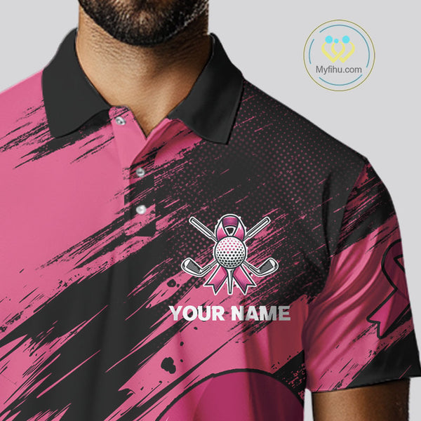 Black and Pink ribbon Men golf polo shirts Custom breast cancer American flag golf top for men NQS10140