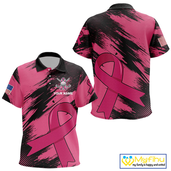 Black and Pink ribbon Kid golf polo shirts Custom breast cancer American flag golf top for Kid NQS10140