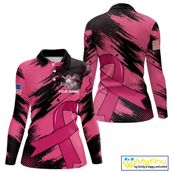 Black and Pink ribbon Women golf polo shirts Custom breast cancer American flag golf top for Women NQS10140
