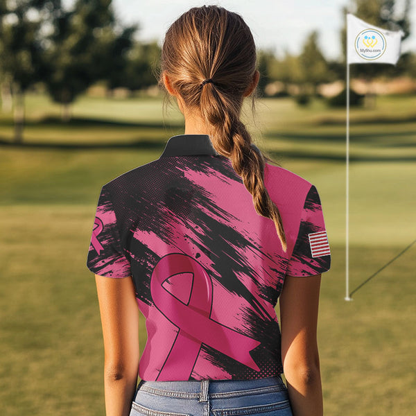 Black and Pink ribbon Women golf polo shirts Custom breast cancer American flag golf top for Women NQS10140