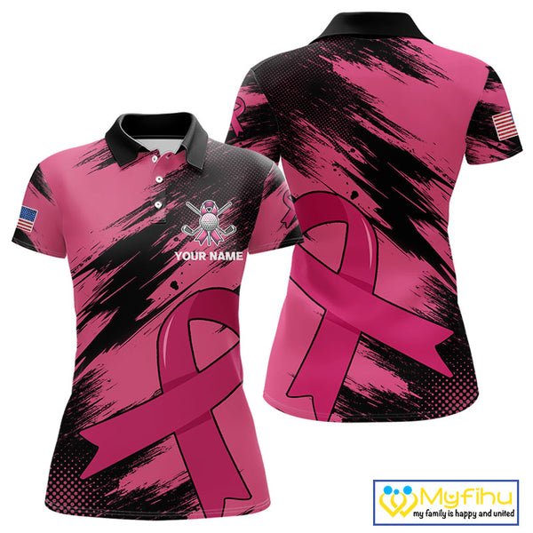 Black and Pink ribbon Women golf polo shirts Custom breast cancer American flag golf top for Women NQS10140