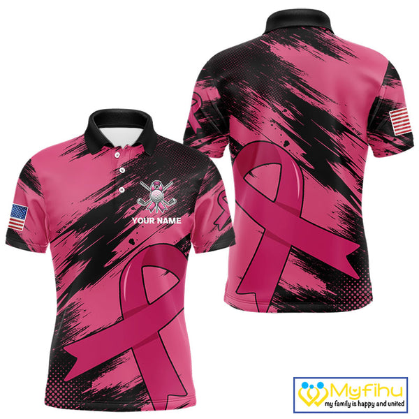 Black and Pink ribbon Men golf polo shirts Custom breast cancer American flag golf top for men NQS10140