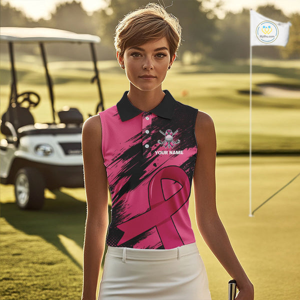 Black and Pink ribbon Women sleeveless polo shirt Custom breast cancer American flag ladies golf top NQS10140
