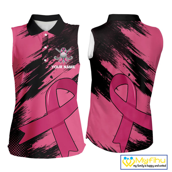 Black and Pink ribbon Women sleeveless polo shirt Custom breast cancer American flag ladies golf top NQS10140