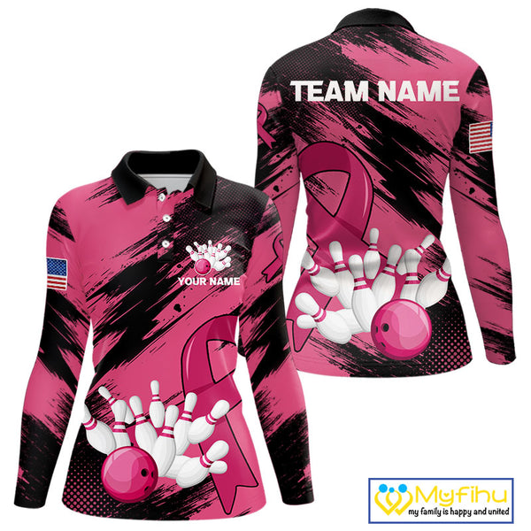 Black and Pink ribbon Bowling shirts for Women Custom breast cancer American flag bowling team jersey NQS10141