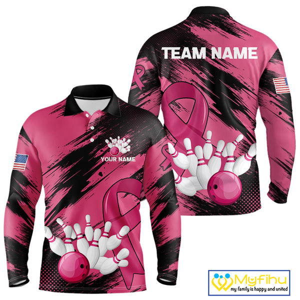 Black and Pink ribbon Bowling shirts for Men Custom breast cancer American flag bowling team jersey NQS10141