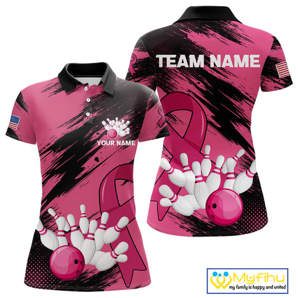 Black and Pink ribbon Bowling shirts for Women Custom breast cancer American flag bowling team jersey NQS10141