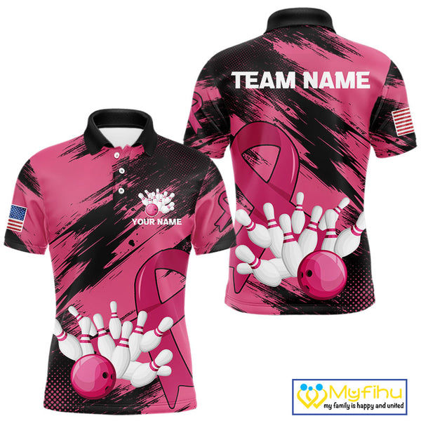 Black and Pink ribbon Bowling shirts for Men Custom breast cancer American flag bowling team jersey NQS10141