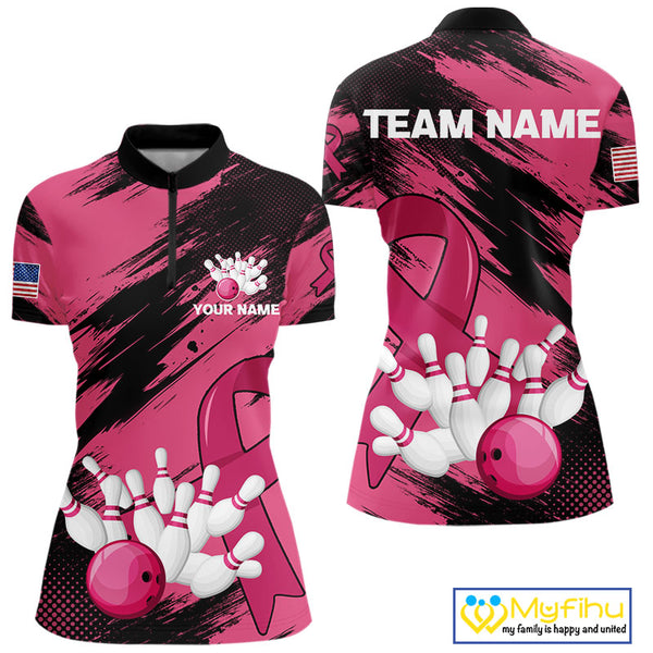 Black and Pink ribbon Bowling shirts for Women Custom breast cancer American flag bowling team jersey NQS10141