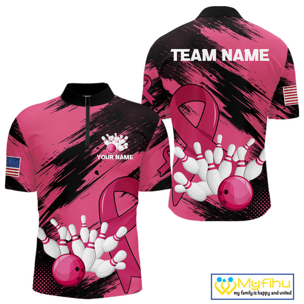 Black and Pink ribbon Bowling shirts for Men Custom breast cancer American flag bowling team jersey NQS10141