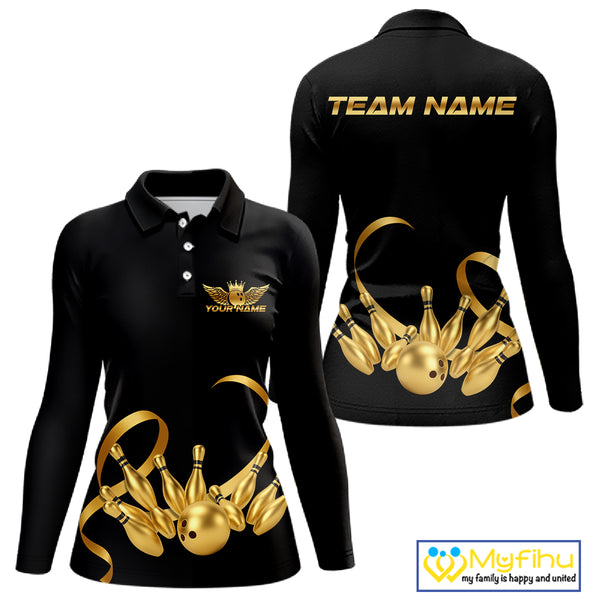 Black and Gold Ribbon Bowling Polo, 1/4 Zip Shirts For Women Custom Breast Cancer Bowling Team Shirt NQS10465