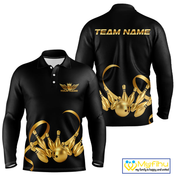 Black and Gold Ribbon Bowling Polo, 1/4 Zip Shirts For Men Custom Breast Cancer Bowling Team Shirt NQS10465