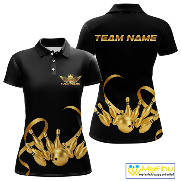 Black and Gold Ribbon Bowling Polo, 1/4 Zip Shirts For Women Custom Breast Cancer Bowling Team Shirt NQS10465