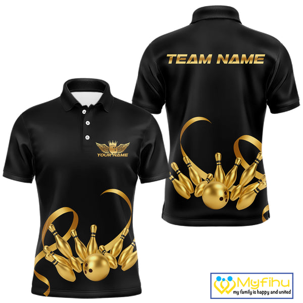 Black and Gold Ribbon Bowling Polo, 1/4 Zip Shirts For Men Custom Breast Cancer Bowling Team Shirt NQS10465