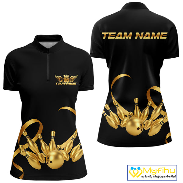 Black and Gold Ribbon Bowling Polo, 1/4 Zip Shirts For Women Custom Breast Cancer Bowling Team Shirt NQS10465