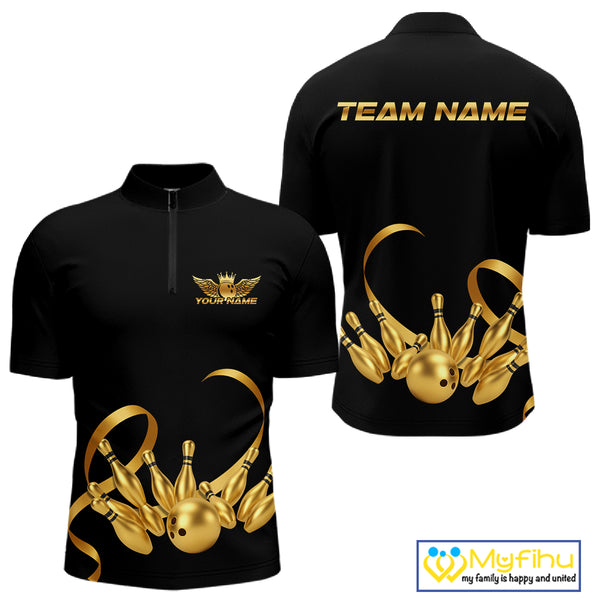 Black and Gold Ribbon Bowling Polo, 1/4 Zip Shirts For Men Custom Breast Cancer Bowling Team Shirt NQS10465