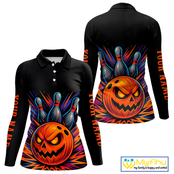 Funny Orange and Black Pumpkin Halloween Bowling Polo, 1/4 Zip Shirts For Women, Bowling Team Jersey NQS10470
