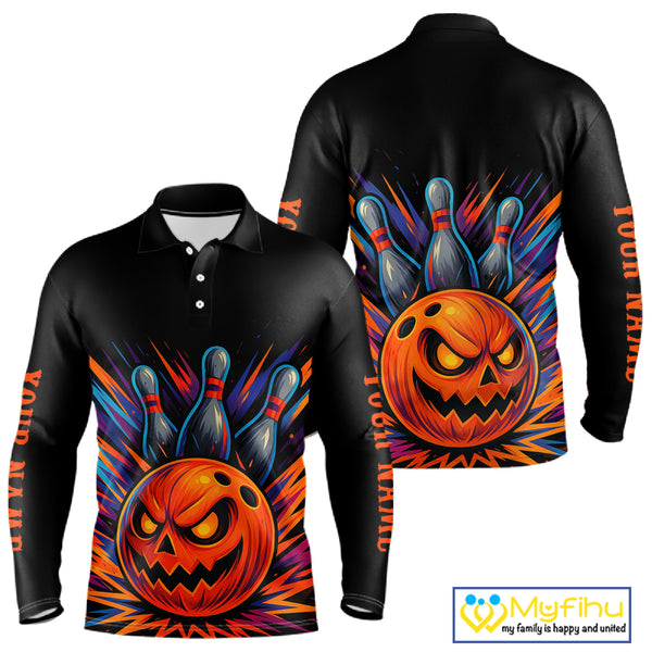 Funny Orange and Black Pumpkin Halloween Bowling Polo, 1/4 Zip Shirts For Men, Bowling Team Jersey NQS10470