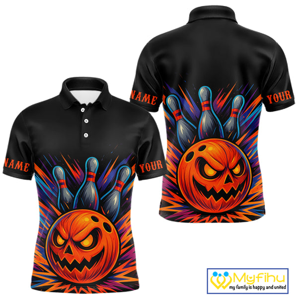 Funny Orange and Black Pumpkin Halloween Bowling Polo, 1/4 Zip Shirts For Men, Bowling Team Jersey NQS10470