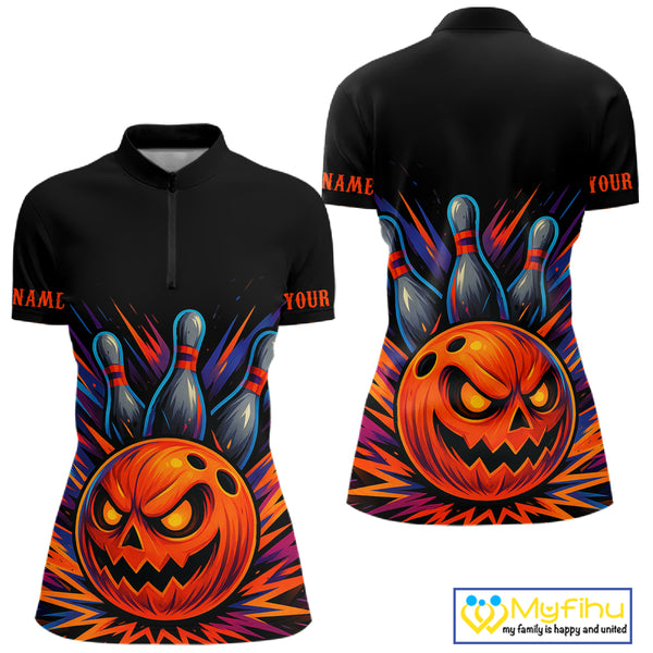 Funny Orange and Black Pumpkin Halloween Bowling Polo, 1/4 Zip Shirts For Women, Bowling Team Jersey NQS10470
